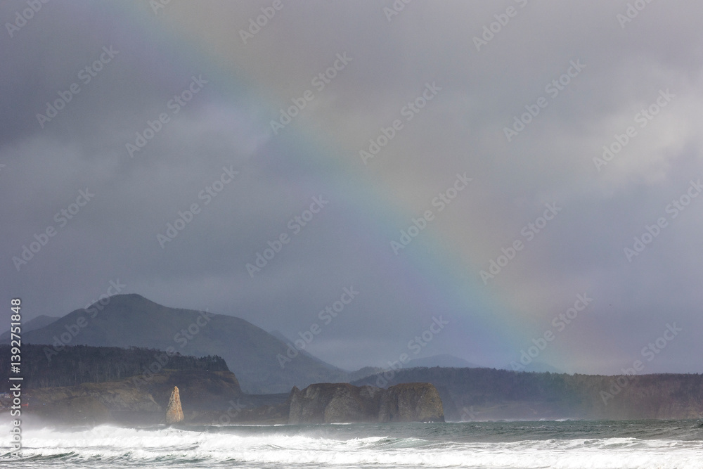 Weather on Kunashir Island. South Kuril Islands. Rainbow