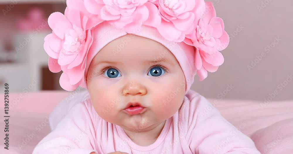 Adorable baby in pink outfit with flower hat expresses curiosity and playfulness Adorable baby in pink outfit with flower hat expresses curiosity and playfulness