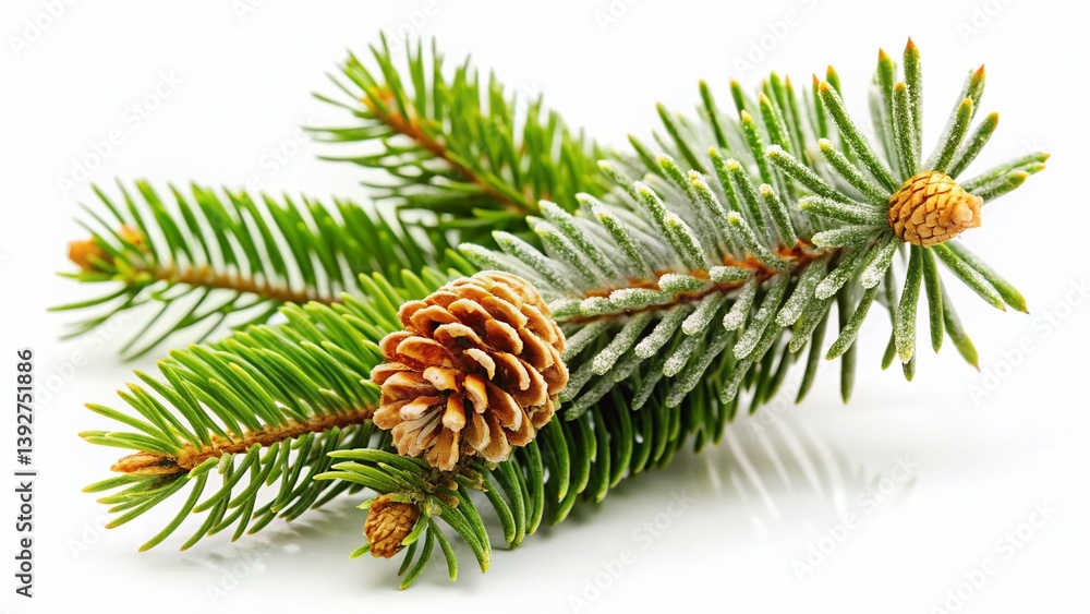 Closeup of a Festive Christmas Fir Branch Against a Pure White Background A Detailed Macro Shot Perfect for Closeup of a Festive Christmas Fir Branch Against a Pure White Background A Detailed Macro Shot Perfect for