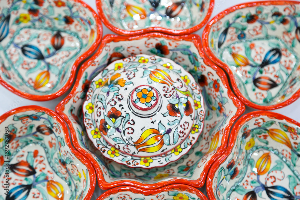 Fragment of painting Uzbek dishes for pilaf with national patterns