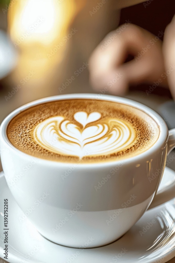 A beautifully crafted latte with intricate foam art sits in a white cup, suggesting a cozy cafe atmosphere. A beautifully crafted latte with intricate foam art sits in a white cup, suggesting a cozy cafe atmosphere.
