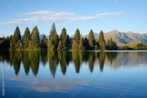 Wallpaper Mural Still lake reflects forest, mountains, and sky. Serene landscape Torontodigital.ca