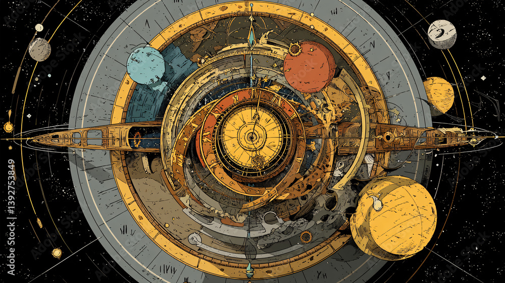Obraz premium A clock designed to run forever, using moving planets or other space objects to indicate the time rather than traditional hands. 
