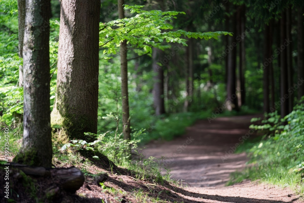 Sunlit path winding through vibrant forest, trees cast shadows Sunlit path winding through vibrant forest, trees cast shadows