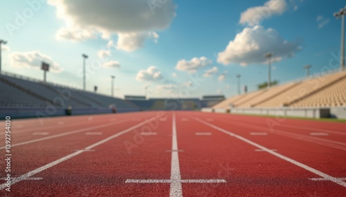 Fototapeta Naklejka Na Ścianę i Meble -  Empty running track in stadium. Red surface with white lines. Athletic lanes, sport field for training, competition. Blue sky with clouds background. Sport event, running, marathon, racing, fitness,