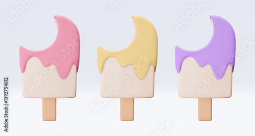 Set bitten Ice cream with chokolate glaze, icon, 3d render. Design elements. Realistic fast food icon. Sweet food. Vector illustration isolated on white for menu, shop, flyer, banner, web, adv, sale