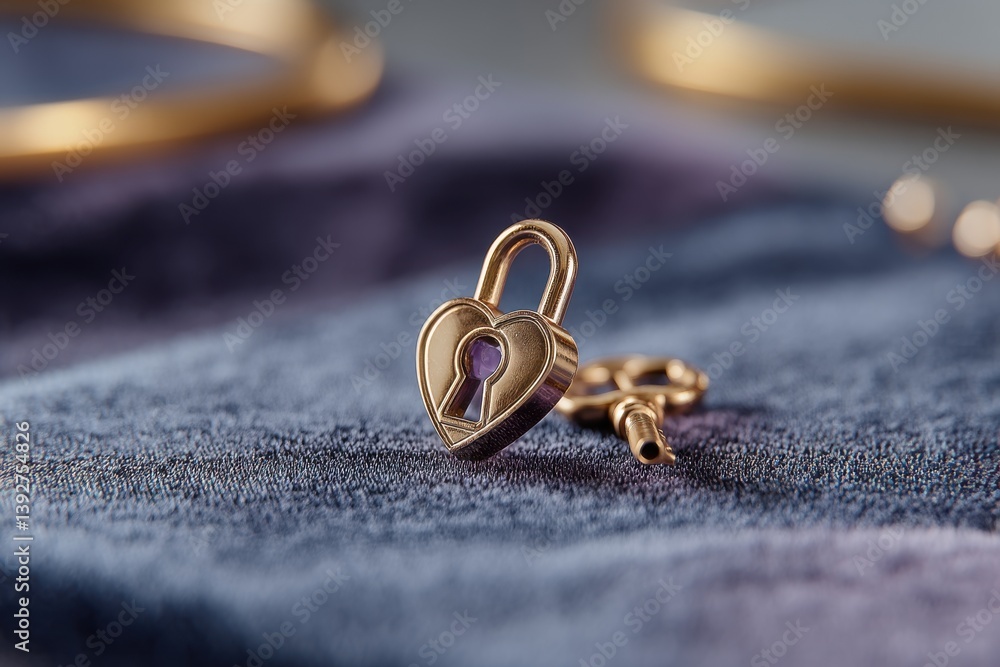 A captivating close-up of a golden heart-shaped padlock and key, symbolizing love and security, set against a softly textured velvet background, evoking romance. A captivating close-up of a golden heart-shaped padlock and key, symbolizing love and security, set against a softly textured velvet background, evoking romance.