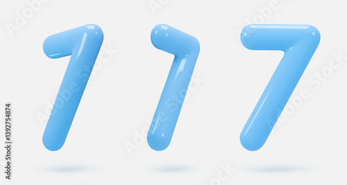 Set blue glass icon, 3d render number 7, seven sign. Realistic design element. Vector illustration isolated on white for postcard, icons, poster, banner, web, design, arts