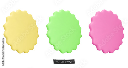 Set stickers, badges mockup. Blank labels of circle shapes with wavy edge. Vector illustration isolated on white. Copy space. Stickers or patches for preview tags, labels, design, presentation, adv