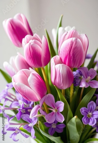 Pastel purple tulips and violets in a whimsical spring bouquet, purple flowers, soft, purple