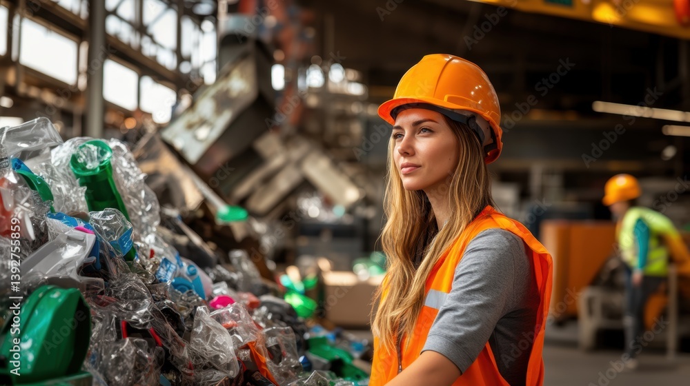 Worker working in recycling center with recyclable waste.