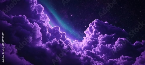 A stunning cosmic scene featuring vibrant purple clouds against a starry sky, evoking a sense of wonder and the vastness of space.