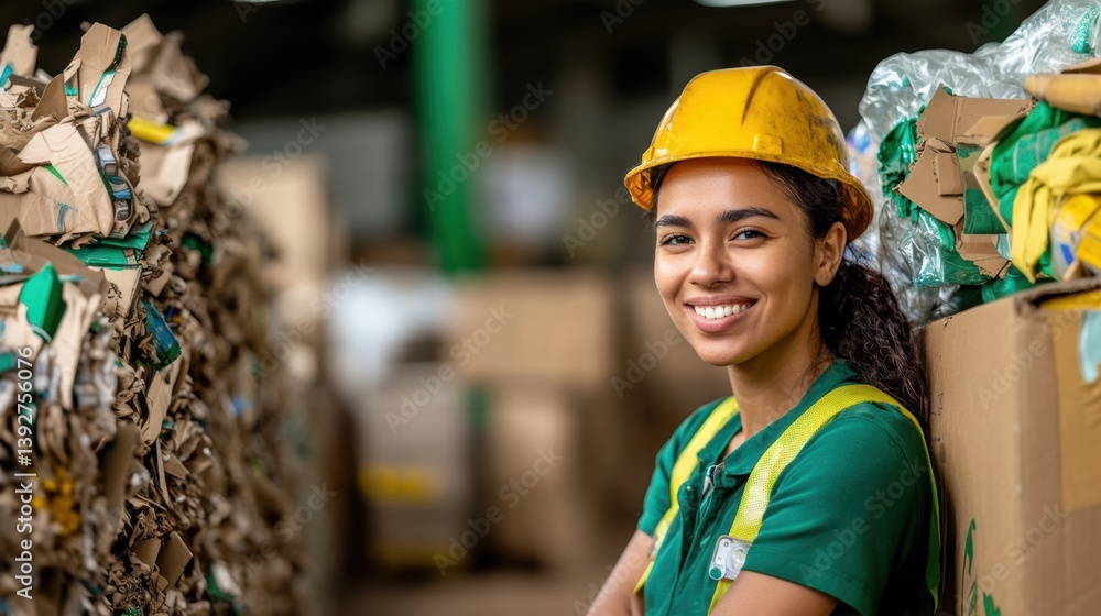 Worker working in recycling center with recyclable waste.