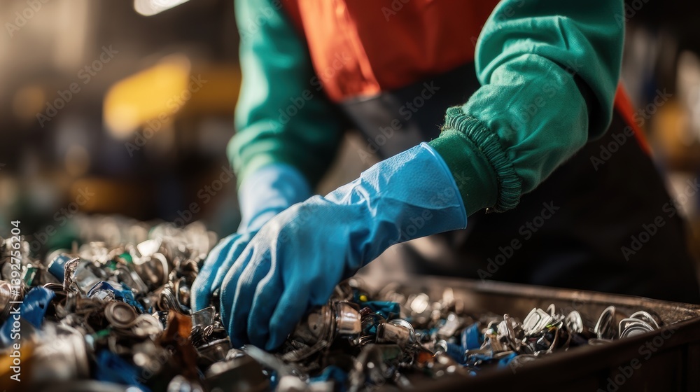 Worker working in recycling center with recyclable waste.