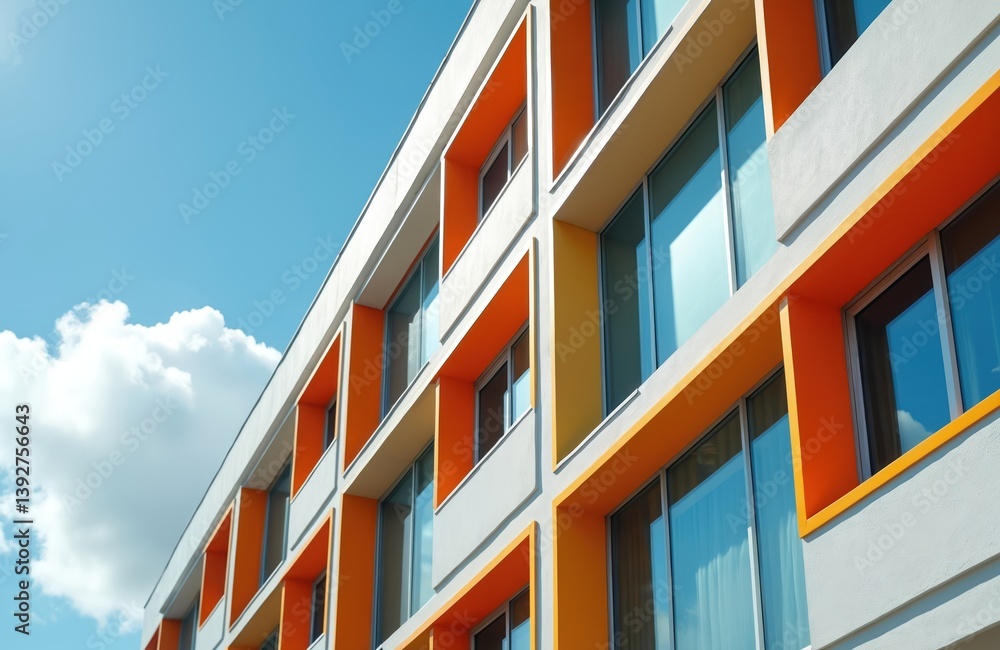 Modern building facade against blue sky. Exterior with colorful windows. Architecture, construction of apartment, office, house. New residential structure, building design, urban concept, real Modern building facade against blue sky. Exterior with colorful windows. Architecture, construction of apartment, office, house. New residential structure, building design, urban concept, real