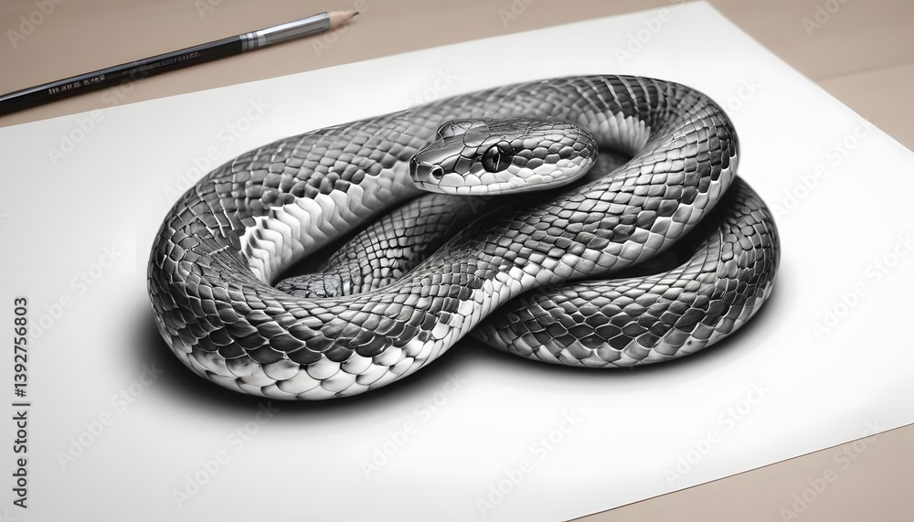 Fototapeta premium A 3D Detail Black and White Drawing Snake. Generative AI
