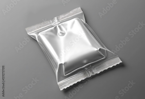 Blank sliver plastic bag. Food snack, chips packaging isolated on gray background, use for template your design. rendering mockup template	
