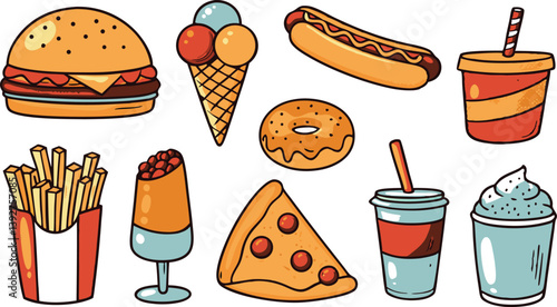 Delicious Fast Food Collection Burger, Fries, Pizza, Ice Cream