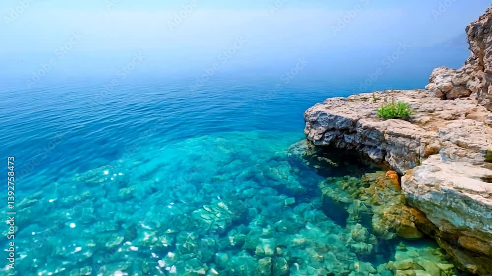 Clear turquoise waters gently lapping against rocky shores under a hazy sky, evoking tranquility Clear turquoise waters gently lapping against rocky shores under a hazy sky, evoking tranquility