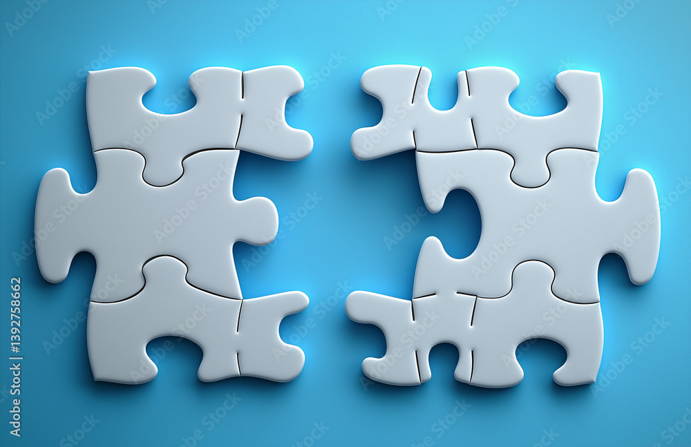Ultra-realistic white jigsaw puzzle with a missing piece on a light blue background Ultra-realistic white jigsaw puzzle with a missing piece on a light blue background
