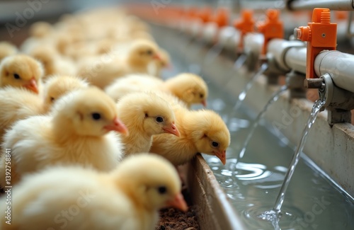 Young yellow chickens drink water in close-up farm. Group of chicks drinking from automated water supply. Indoor farming, poultry, agricultural business. Temperature, light control, modern farming.