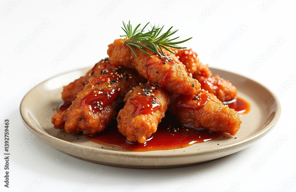 Korean fried chicken on plate. Juicy glaze sauce, sesame seeds garnish. Appetizing food photography. Dish of crispy glazed savory chicken. White background, delicious meal presentation. Korean fried chicken on plate. Juicy glaze sauce, sesame seeds garnish. Appetizing food photography. Dish of crispy glazed savory chicken. White background, delicious meal presentation.