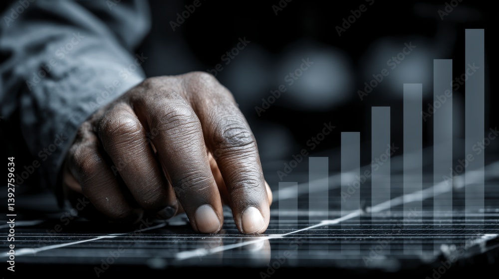 Close up of a hand tracing a rising bar graph on a solar panel, dark background. Close up of a hand tracing a rising bar graph on a solar panel, dark background.