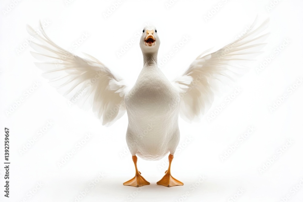 Fototapeta premium Duck jumps up with wings spread in playful moment captured against a white background