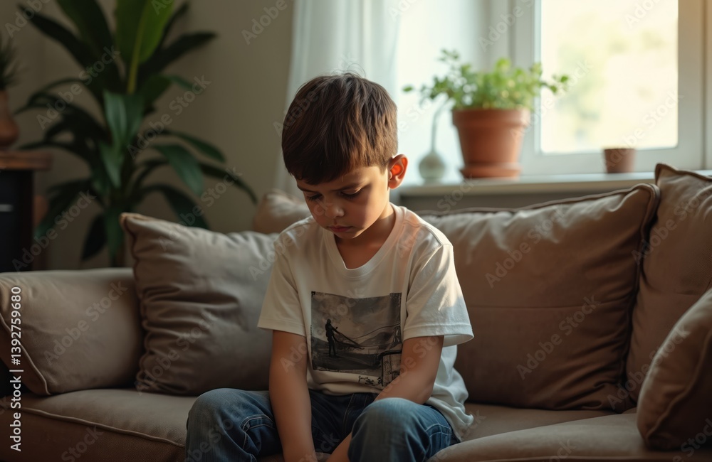 Sad young boy sits on couch. Depressed child alone indoors in home. Portrait of unhappy person with worried expression. Childhood trauma, loneliness, social problem. Sad young boy sits on couch. Depressed child alone indoors in home. Portrait of unhappy person with worried expression. Childhood trauma, loneliness, social problem.
