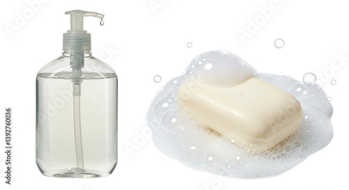 Isolated Soap Dispenser with Soap Bar and Bubbles