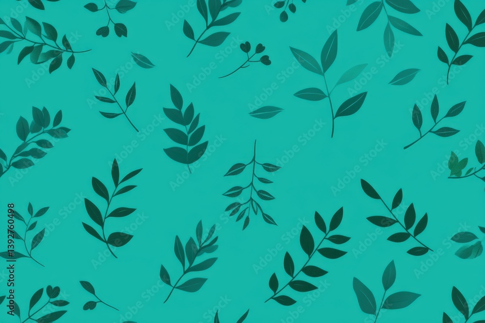 A vibrant teal background adorned with various green leaves, creating a fresh and lively botanical pattern. A vibrant teal background adorned with various green leaves, creating a fresh and lively botanical pattern.