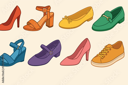 Variety of colorful women's shoes for fashion design and print