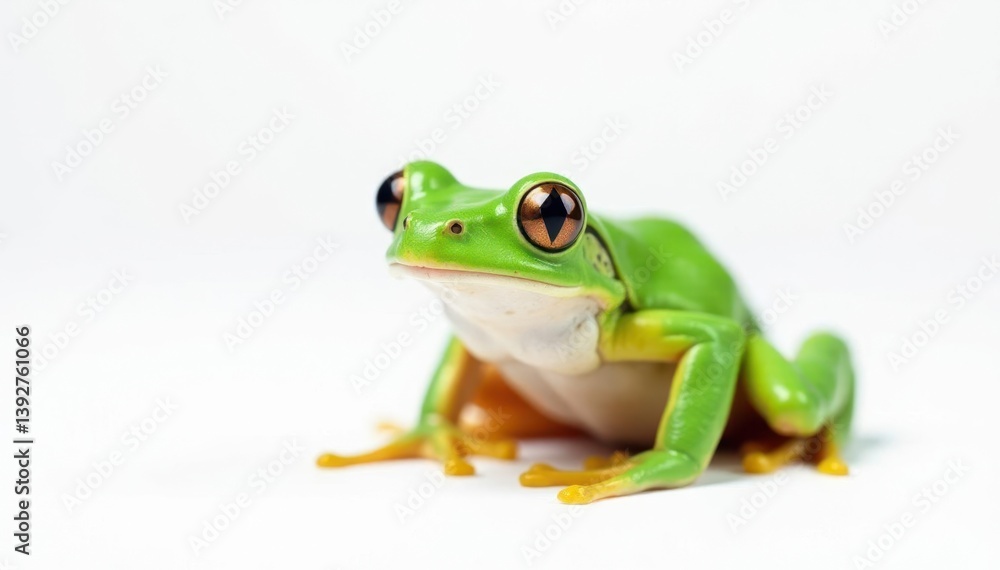 Single bright green frog on pure white backdrop, stark contrast, minimal, crisp Single bright green frog on pure white backdrop, stark contrast, minimal, crisp
