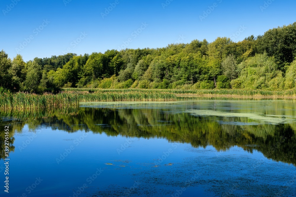Tranquil lake surrounded by lush greenery reflects under a clear blue sky Tranquil lake surrounded by lush greenery reflects under a clear blue sky