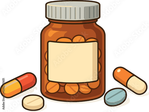 Prescription medication concept with pill bottle and various capsules for healthcare design