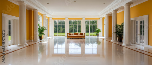 [Large hotel lobby interior design photos] Large Institutional Lobby Interior Design Hallway Space With Chandelier And Potted Plants Stock Photo
