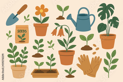 Gardening essentials with planting tools and seedlings for home gardening inspiration