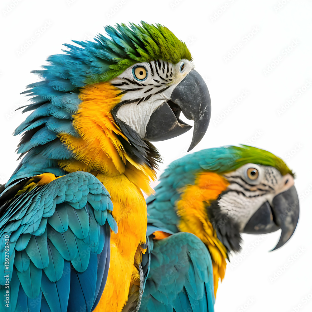 Fototapeta premium close-up of vibrant and colorful parrots with detailed feathers on a clean white background