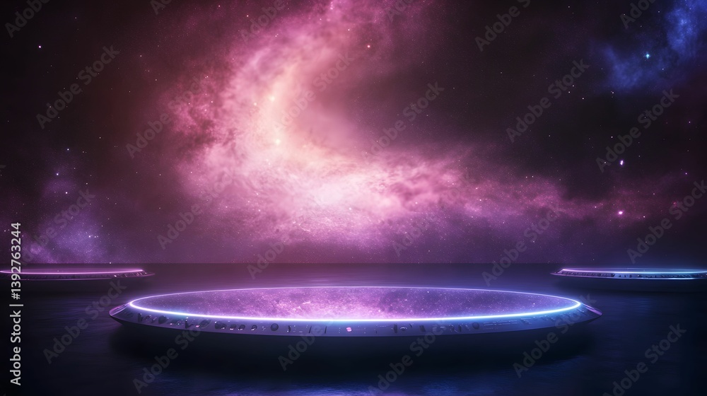 A surreal cosmic scene featuring illuminated platforms floating over a tranquil ocean, surrounded by a vibrant galaxy and nebula.