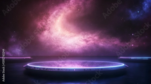 Obraz na płótnie A surreal cosmic scene featuring illuminated platforms floating over a tranquil ocean, surrounded by a vibrant galaxy and nebula. w salonie