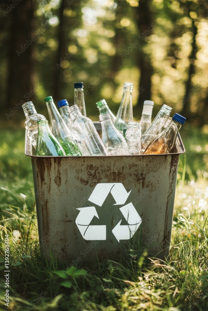 Recycling symbol on recycling bin for bottle plastic glass recycling. Environment conservation concept.