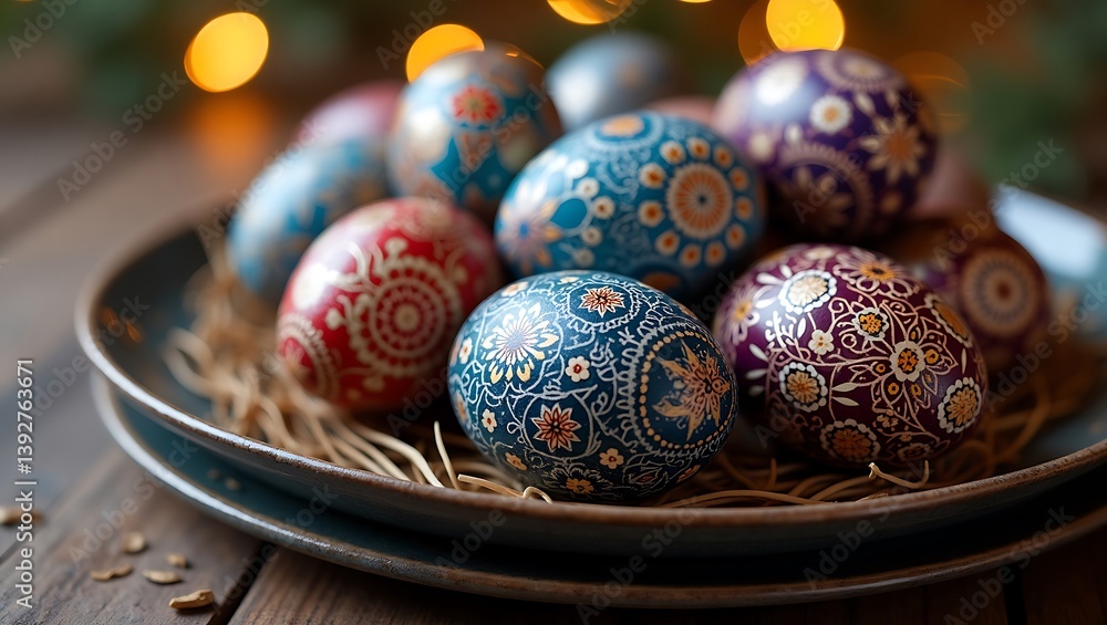 Intricately Decorated Easter Eggs in Nest on Plate Intricately Decorated Easter Eggs in Nest on Plate