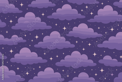 Dreamy night sky pattern with purple clouds and stars for background design