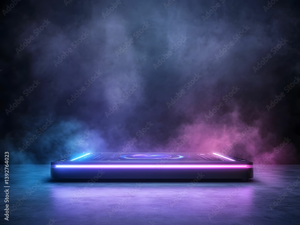 A futuristic platform illuminated by vibrant neon lights, surrounded by mist, creating an otherworldly atmosphere.