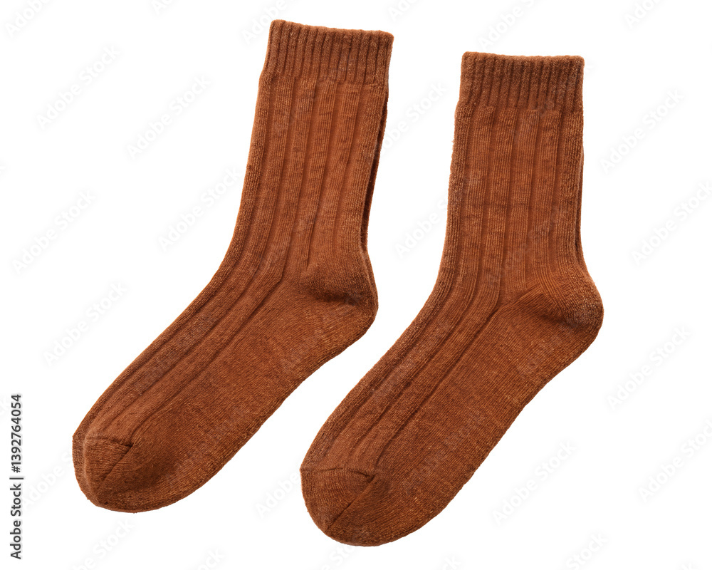 Pair of Fleece-Lined Wool Socks in Warm Brown, On Transparent Background Pair of Fleece-Lined Wool Socks in Warm Brown, On Transparent Background