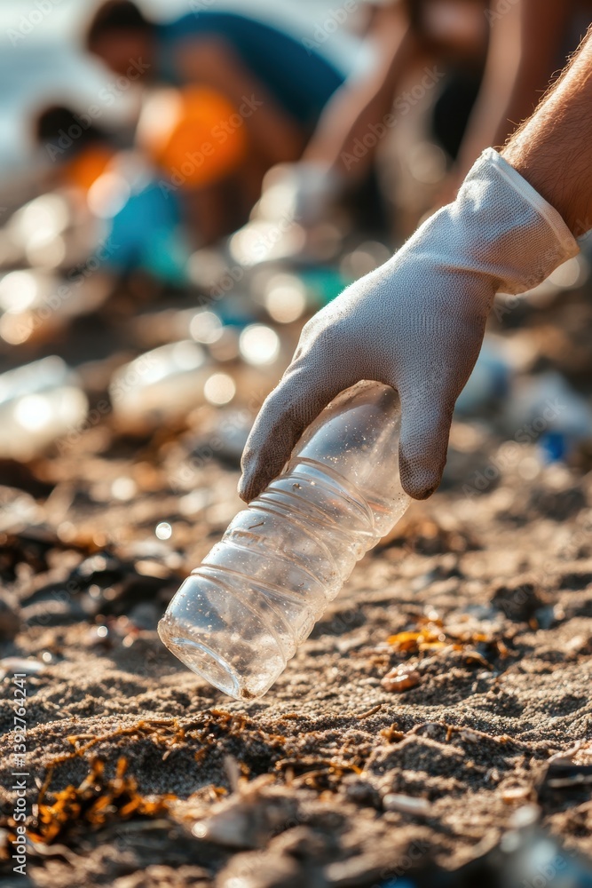Volunteers pick up plastic bottle waste outdoors.
