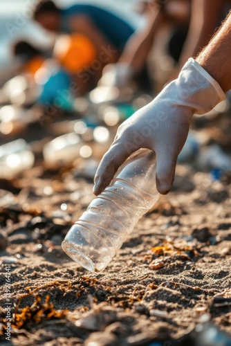 Obraz na płótnie Volunteers pick up plastic bottle waste outdoors. w salonie