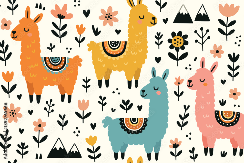 Fototapeta premium Colorful llama and floral pattern design for children's decor