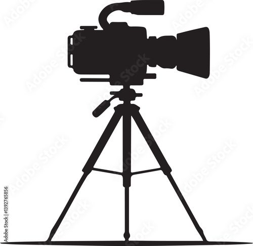 Silhouette of a camera mounted on a tripod symbolizing photography, videography, or media production setup