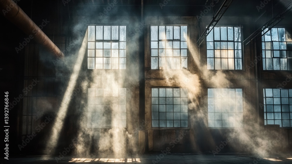 Interior view of industrial factory plant with smoke steam